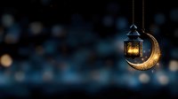 Glowing decorative lantern and golden crescent moon hanging against dark bokeh background, creating magical Ramadan or festive atmosphere.