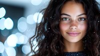 Young mixed-race woman with curly hair and glowing skin in soft bokeh lighting for beauty and skincare concepts.