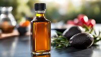 Amber liquid in glass bottle with fresh avocado and herbs on dark surface, soft natural lighting creates luxurious mood for wellness and spa concepts.