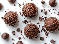 Milk chocolate truffles with drizzled stripes and chocolate shavings scattered on white background, overhead view of gourmet confectionery dessert.