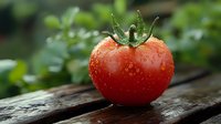Fresh ripe tomato with water drops on wooden surface against green garden background, macro food photography showing natural texture and moisture.