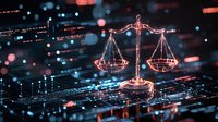 Digital scales of justice glowing on circuit board background with red and blue bokeh lights, representing legal technology and cyber law concept for modern jurisprudence.