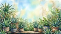 Watercolor succulent garden with potted plants in decorative containers against soft pastel sky background for home decor and botanical art projects.