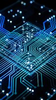 Futuristic circuit board with glowing blue neon pathways and electronic connections on dark background for technology and innovation concepts.