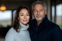 Happy mature couple embracing at home, middle-aged man and woman smiling together in cozy living room interior for lifestyle and relationship content.