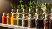 Colorful spices and herbs in glass jars with cork lids arranged on wooden shelf, fresh green herbs in background for cooking and seasoning kitchen decor.