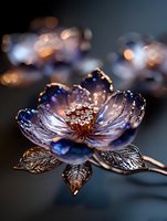 Delicate crystal flower brooch with blue petals and golden details against blurred background, featuring intricate metalwork and rhinestone center.