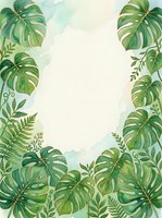 Watercolor tropical foliage frame with monstera leaves and ferns on cream background, isolated design element for invitations, posters, and botanical projects.