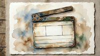 Vintage film clapperboard with weathered metal clapper on textured watercolor background, suitable for cinema, filmmaking, entertainment, and creative industry projects.