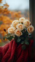 Delicate cream roses on red knitted blanket by window with autumn foliage backdrop, creating cozy atmospheric mood for seasonal romance and home decor.