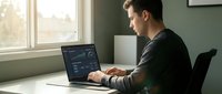 Young Caucasian male programmer working on laptop computer at home office desk by window, coding software development project in modern workspace.