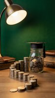 Education savings fund concept with graduation cap on coin jar, stacked coins and books under desk lamp on wooden surface against green background.
