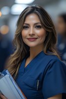 Professional Hispanic female nurse in blue scrubs holding medical charts smiling confidently in hospital setting for healthcare marketing materials.