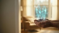 Young adult male with medium skin tone holding glowing holographic family figures in palm, representing digital connection, virtual relationships, and technology-based communication for apps and software solutions.