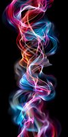 Vibrant swirling smoke trails in neon pink, blue and white colors against black background create dynamic abstract pattern for modern design projects and wallpapers.