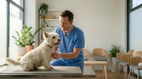 Middle-aged male veterinarian in blue scrubs examining a light-colored terrier dog on examination table in modern clinic with plants and windows. Veterinary care and pet health concept.