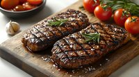 Grilled ribeye steaks with rosemary garnish on wooden cutting board, seasoned with coarse salt, served with fresh cherry tomatoes and garlic cloves.