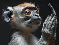 Close-up portrait of a young monkey with expressive eyes and thoughtful pose against dark background, showcasing primate behavior and facial features.