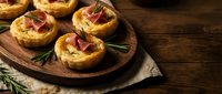 Savory puff pastry tartlets filled with caramelized onions and prosciutto, garnished with fresh rosemary on rustic wooden board for gourmet appetizer presentations.