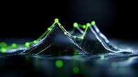 Glowing mountain peaks visualization with neon green data points floating above dark surface, showing abstract digital landscape and analytics representation.