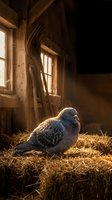 Young pigeon resting on straw inside rustic wooden barn with warm sunlight streaming through windows, suitable for agricultural and wildlife photography.