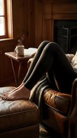 Woman relaxing in cozy cabin living room, legs resting on leather armchair, hot coffee and open book nearby, warm hygge atmosphere.