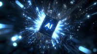 Glowing AI processor chip with blue light rays and particles bursting outward in dark space, representing artificial intelligence and computing power.