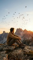 Young man sitting on mountain peak watching flock of birds fly overhead during golden hour sunset with dramatic alpine landscape and rocky terrain.