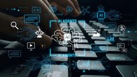 Business professional typing on laptop with AI agents and artificial intelligence technology interface overlay for digital transformation.