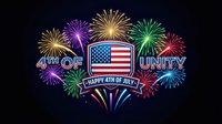 Colorful fireworks display with American flag celebrating Fourth of July independence day with patriotic red white blue colors and unity message.