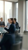 Professional businesswoman smiling during corporate meeting in modern conference room with diverse team of colleagues discussing strategy and collaboration.