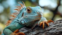 Green iguana close-up portrait showing detailed scales, spikes, and orange crest on tree branch with blurred natural background, exotic reptile macro photography.