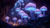 Glowing bioluminescent mushrooms in magical night forest with purple caps and blue light, mystical fantasy landscape with floating spores and ethereal atmosphere.