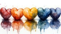 Rainbow colored hearts in watercolor technique with reflection effect, arranged in row from red to purple. Romantic art shows melting paint drips and soft color transitions.