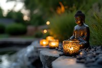 Serene Buddha statue in meditation pose with glowing candle lanterns by water garden at dusk, creating peaceful zen atmosphere with soft bokeh lights.