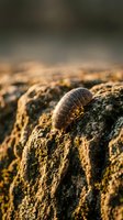 Pill bug roly poly isopod crawling on rough textured rock surface in natural outdoor environment with warm golden sunlight and blurred background.