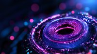 Futuristic spiral technology ring with glowing pink and blue neon lights against dark background, digital circular interface with circuit pattern elements.