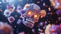 Mystical skull with glowing orange eyes adorned by purple and pink flowers floating in dark space with magical sparkles and ethereal bokeh lights creating dreamy atmosphere.