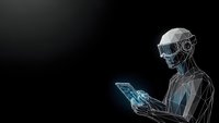 Futuristic robot with glowing blue visor using holographic tablet interface on dark background for technology and artificial intelligence concepts.