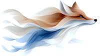 Stylized fox head in flowing curves combining warm orange and cool blue tones on white background, artistic minimal design for logos and decorative art.