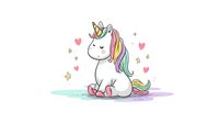 Cute baby unicorn with rainbow mane and tail sitting surrounded by hearts and stars on pastel background, cartoon style illustration for children's designs.