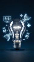 Medical innovation concept with glowing light bulb surrounded by healthcare icons including DNA strands, pills, and medical crosses on dark background.
