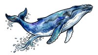 Majestic whale swimming with flowing water patterns and splashes, featuring blue and teal watercolor textures. Isolated clipart suitable for t-shirts, posters, and design projects.