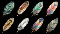 Colorful decorative feathers set isolated on transparent background, ready for stickers, t-shirt design, sublimation, print on demand, and clipart projects.