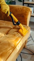 Professional cleaning of yellow leather sofa with steam cleaner tool, close-up view of maintenance process wearing protective rubber gloves.