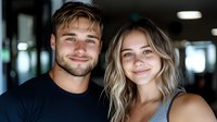 Young athletic couple smiling at camera in fitness center. Muscular man in black t-shirt and blonde woman in gray tank top showing genuine happiness.