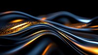 Flowing waves of metallic blue and gold create dynamic abstract background with glowing light particles and smooth curved lines against dark backdrop.