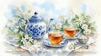 Watercolor tea set with blue and white porcelain teapot, steaming cups, sugar cubes, and white flowers on a soft floral background.