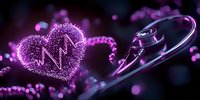 Medical stethoscope with glowing purple heart shape and heartbeat line, bokeh effect on dark background, healthcare concept for cardiology.