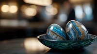 Decorative glass spheres with swirling blue and gold patterns rest in emerald bowl against blurred bokeh background, creating elegant home decor display.